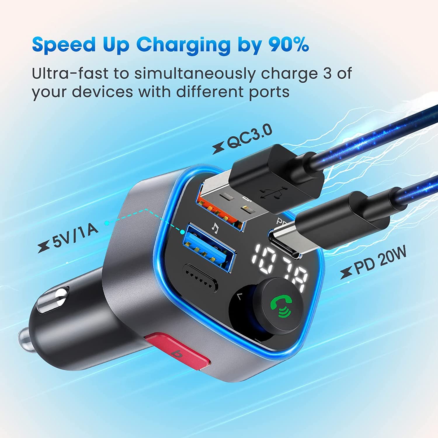 Bluetooth V5.0 Bluetooth FM Transmitter for Car, QC3.0 & PD 20W Wireless Radio Adapter