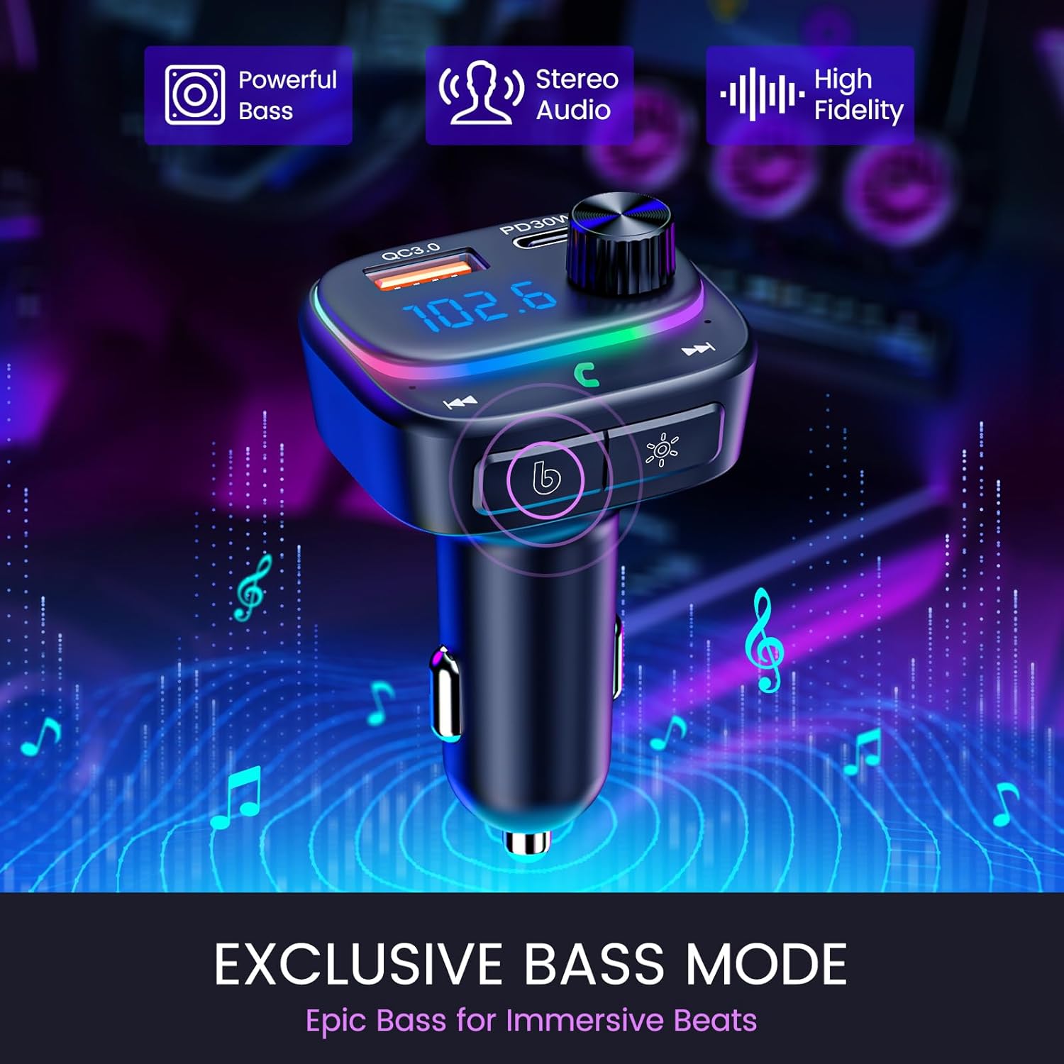 Bluetooth Car Adapter 48W PD&QC3.0 Bluetooth FM Transmitter with [Stronger Dual Mics & HiFi Deep Bass Sound]