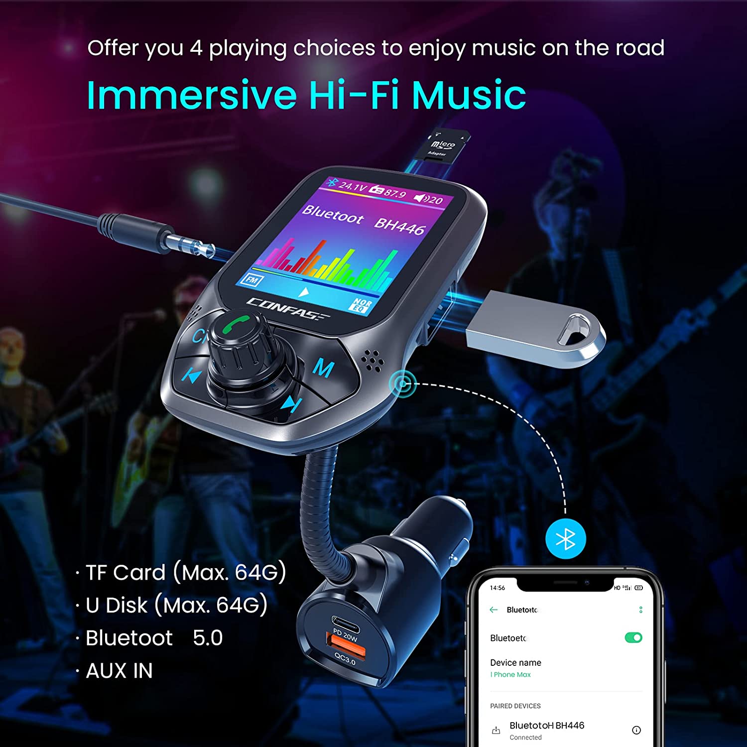 [Upgraded] CONFASE PD20W+2 CVC Mic V5.0 FM Transmitter for Car