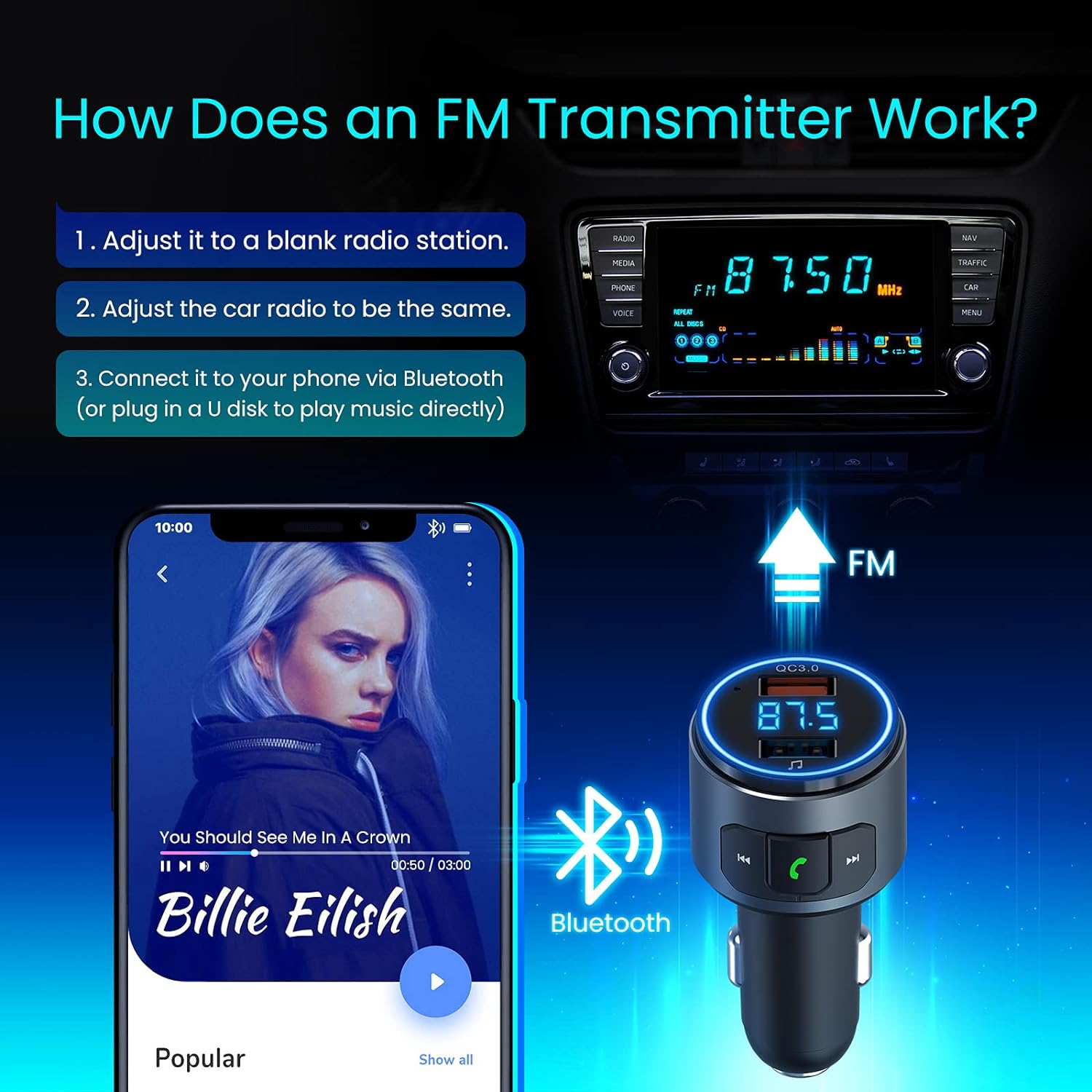 Bluetooth FM Transmitter Car, V5.0 Bluetooth Car Adapter with QC3.0 MP3 Player