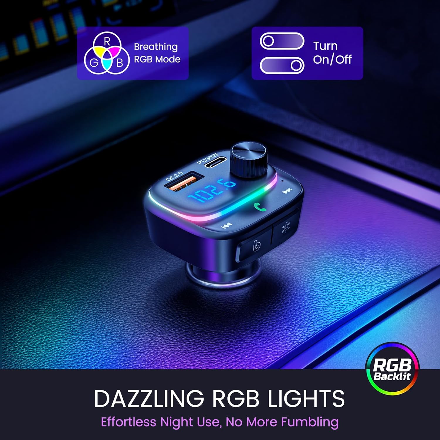 Bluetooth Car Adapter 48W PD&QC3.0 Bluetooth FM Transmitter with [Stronger Dual Mics & HiFi Deep Bass Sound]